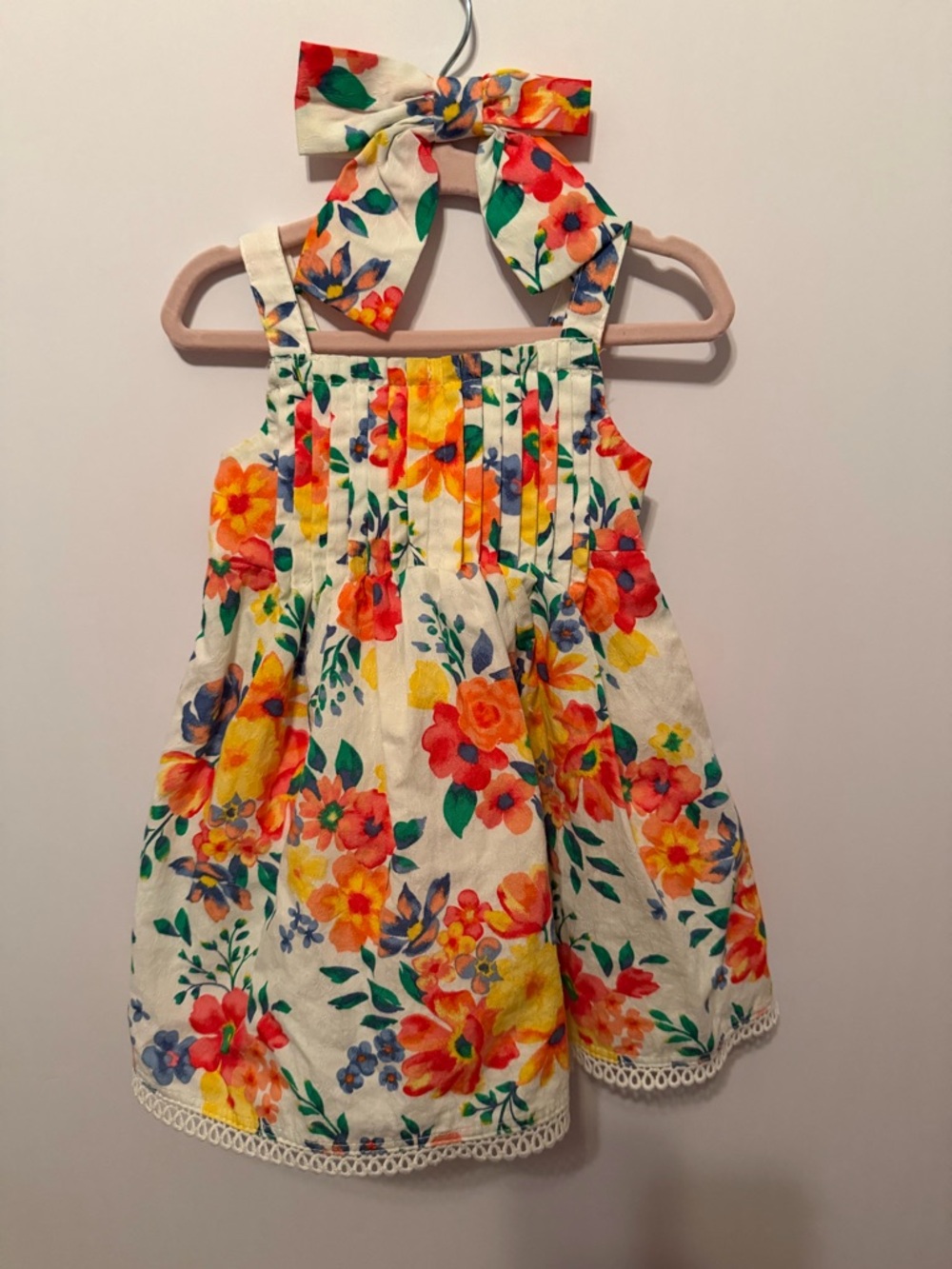 Shabby Chic Baby White Floral Dress with Pink Accent 12M